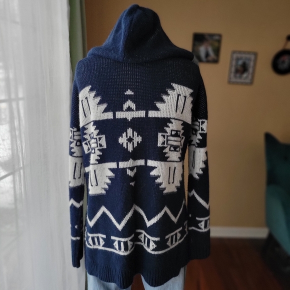 Hippie Rose Navy Blue & White Aztec Hooded Cardigan Sweater, Size Large - Picture 5 of 9